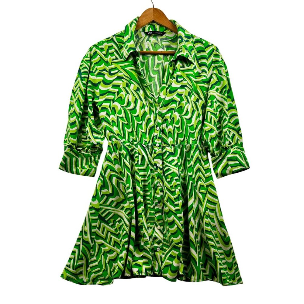 Zara Retro Swirl Shirt Dress Green White Mod Print Mini Summer Dress Sz SMALL - Picture 2 of 7